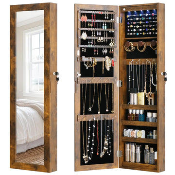 Full Length Mirror Jewelry Cabinet Organizer Lockable Door Wall-Mounted Jewelry Armoire with Shelves and Behind the
