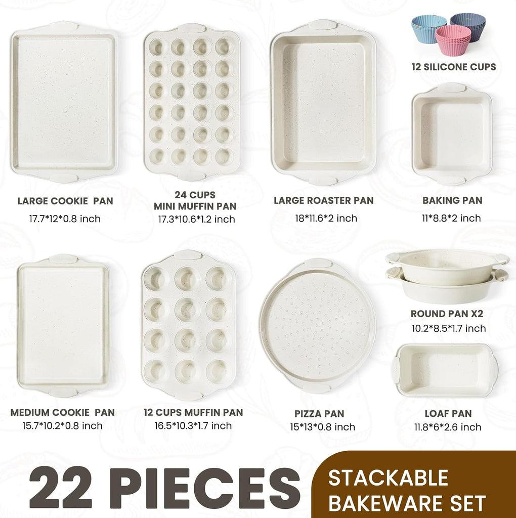 22 PCS Nonstick Pans Set, Stackable Bakeware Sets with Silicone Handles, 450°F Oven Safe Sheet Set, Easy Release