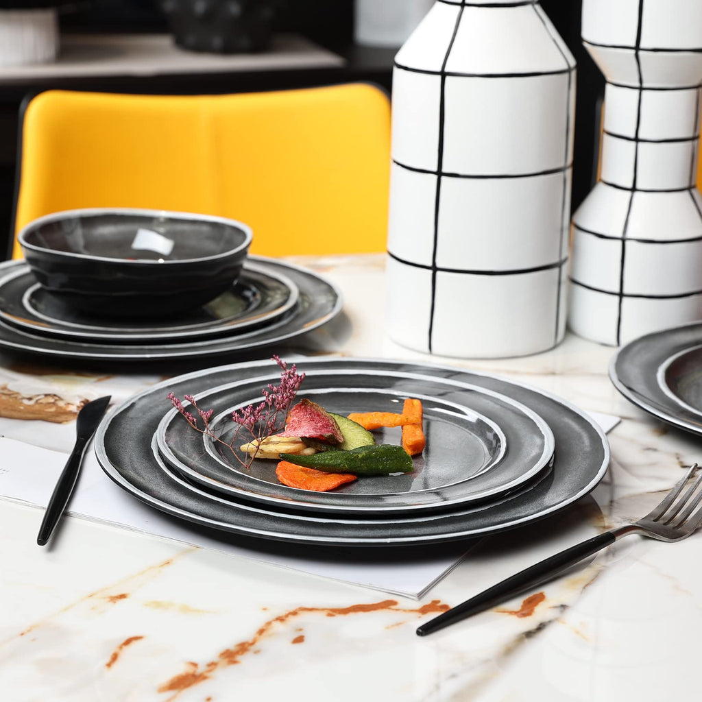 Black Melamine Dinnerware Set for 4,12Pcs Dish Set for Indoor & Outdoor Use