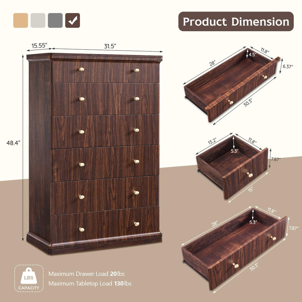 Modern 7 Drawers Dresser, 48" Tall Dressers, Dark Walnut