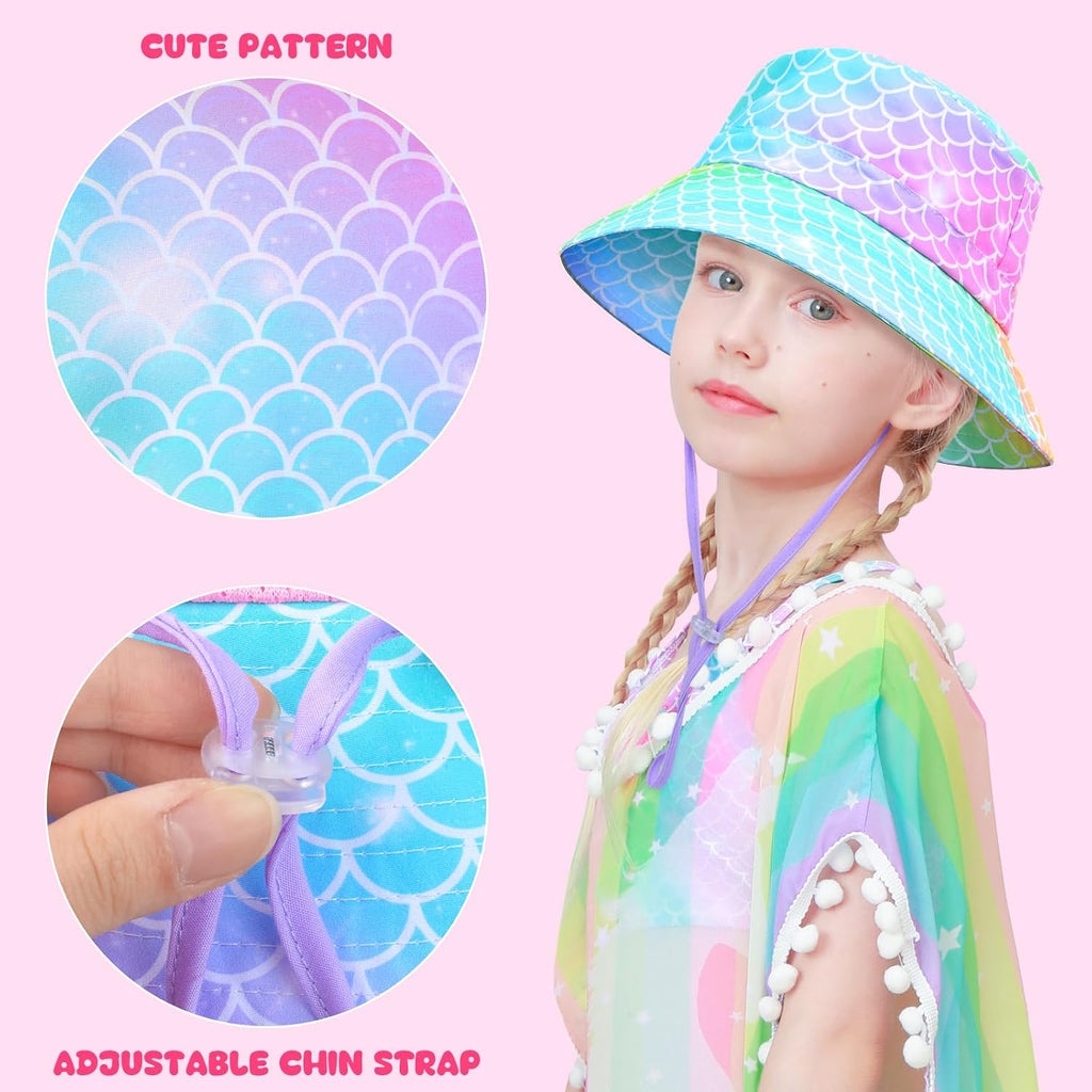 Kids Bucket Hat Anti-UV Toddler Girls Sun Hat Wide Brim UPF 50+ Sun Protection Packable Summer Beach Hat for Girls 2-9