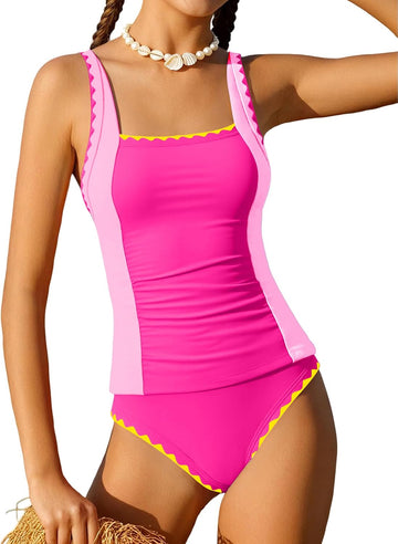 Girls Summer Swimsuit Color Block Padded Adjustable Strap Tankini Ruched Swimwear Set Two Piece Beach Bathing Suit