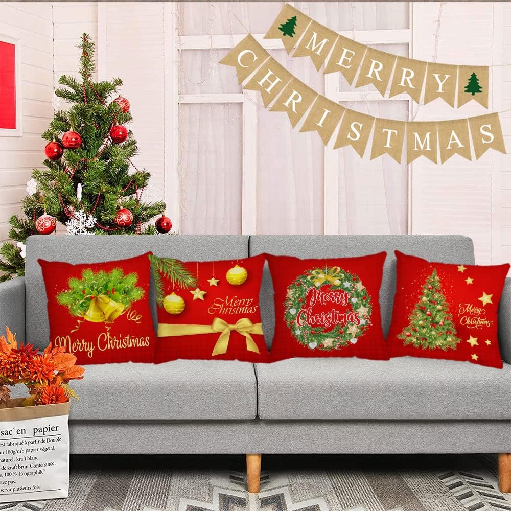 Merry Christmas Pillow Covers 18x18 Velvet Christmas Pillow Cases Red Green Xmas Winter Holiday Throw Pillow - Set of 4