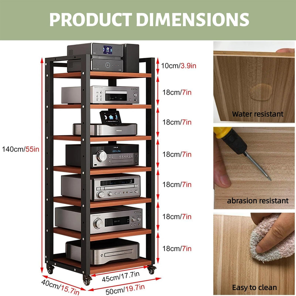 7 Tier Av Media Stand with Wheels, 55in Adjustable Audio Rack