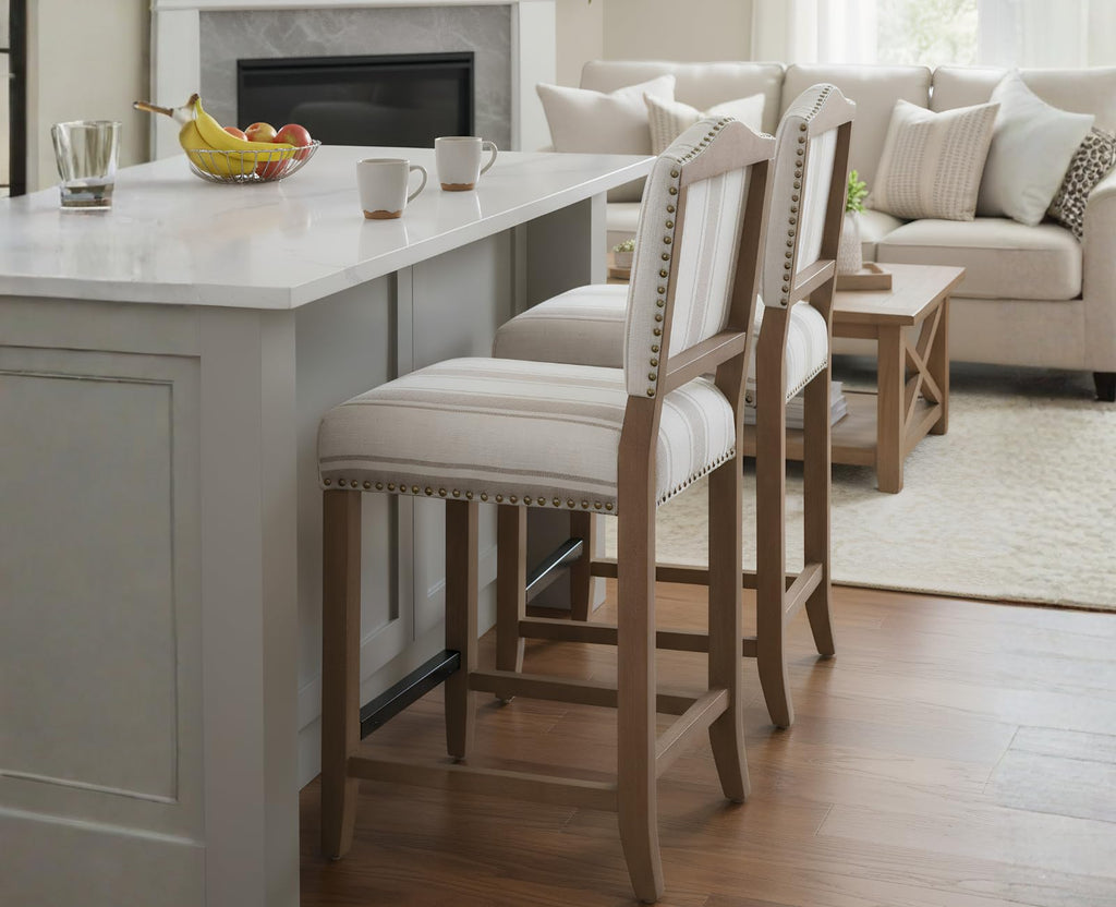 Farmhouse Bar Stools Set of 2 Counter Height Kitchen Barstools with Back Mid Century Modern Wooden Bar Chairs Linen