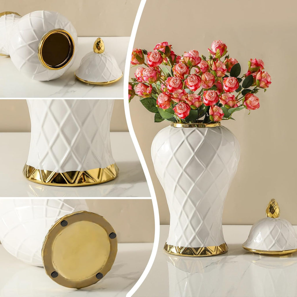 Ginger Jars Decor, White and Gold Vase, Decorative Ceramic Ginger jar with lid, Porcelain Flower Vase