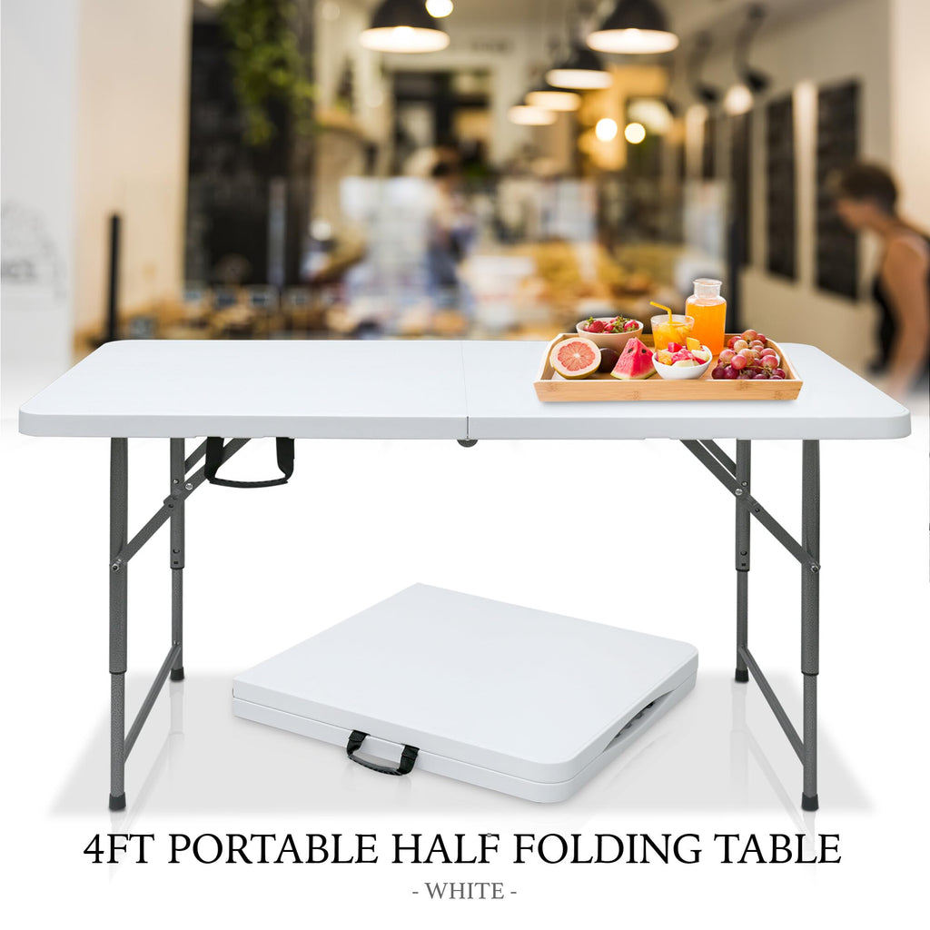 4 Foot Portable Plastic Folding Table 4FT 48" Half Foldable Heavy Duty Top w/Carry Handle - Indoor Outdoor Backyard