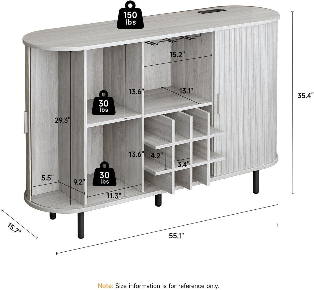 55" Fluted Wine Bar Cabinet with LED Light White | Liquor Coffee Bar Cabinet, with Wine Rack and Glass Holder
