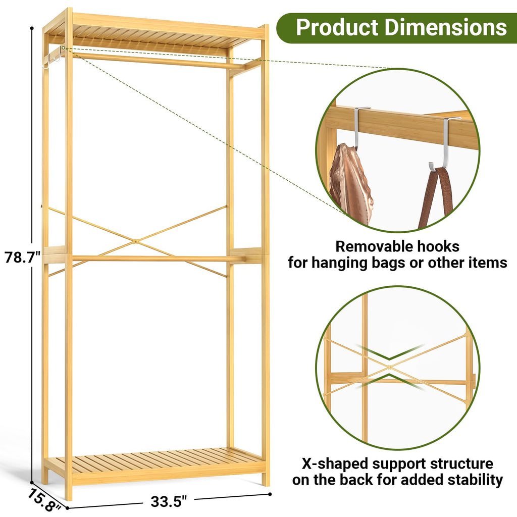 Bamboo Clothing Rack with Shelves, 33.5" Wide Clothes Rack, 78.8" H