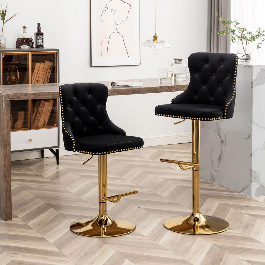 Swivel Bar Stools Set of 4, Counter Height Bar Stools with Button & Nailheads Trim, Gold Velvet Barstools Island, Pub
