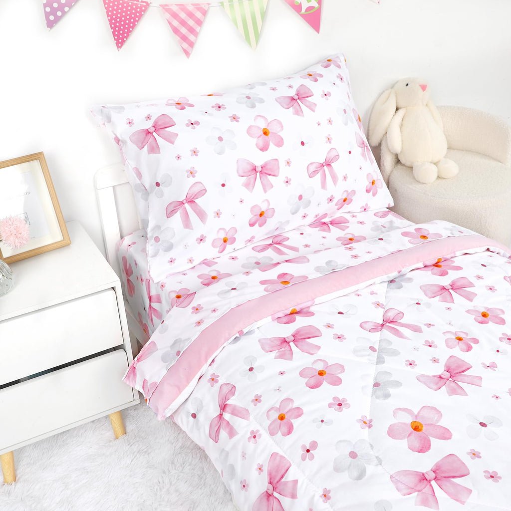 Toddler Bedding Set for Girls - 4 Piece Bow Toddler Comforter Set Includes Fitted Sheet, Comforter, Pillowcase & Flat