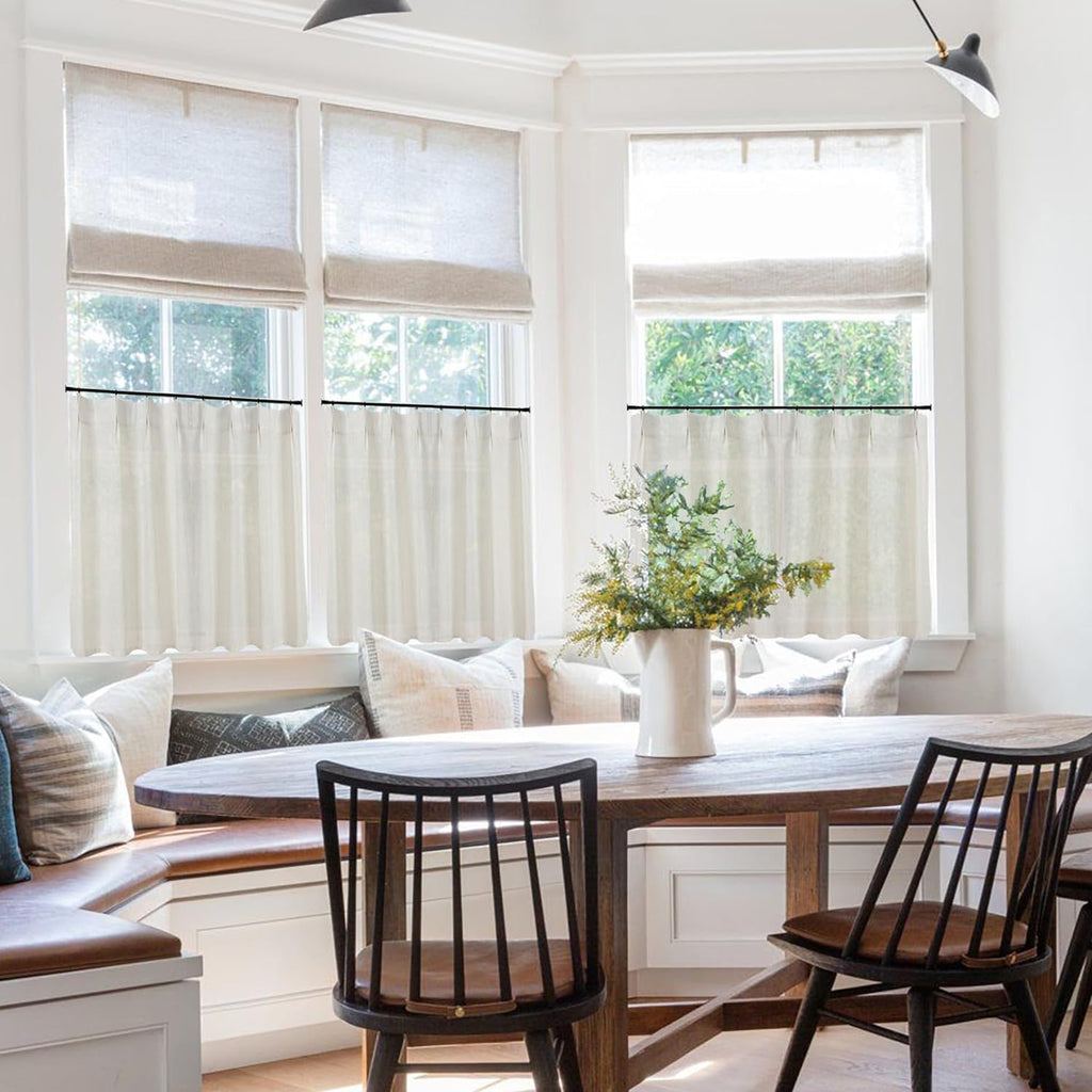 Pinch Pleat Cafe Curtains 24 Inch Length for Kitchen Window Over Sink, Cream Linen Light Filtering Sheer Farmhouse