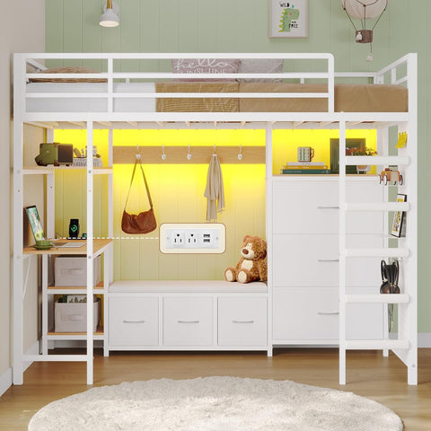 Twin Loft Bed with 6 Storage Drawers,Coat Rack and Open Shelves Metal Twin Loft Bed with Desk,Charging Station and LED