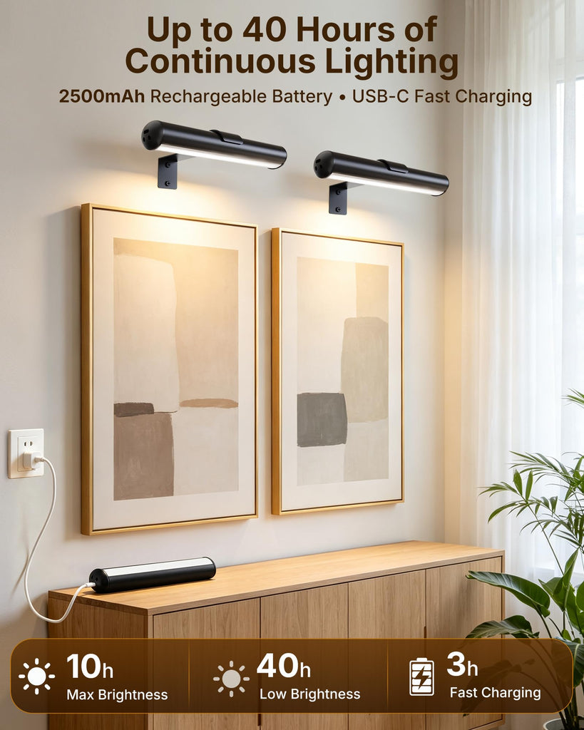 Picture Light for Wall, Rechargeable 2500mAh Battery Lights Cordless with Remote&Timer, 3 Color & Dimmable Magnetic