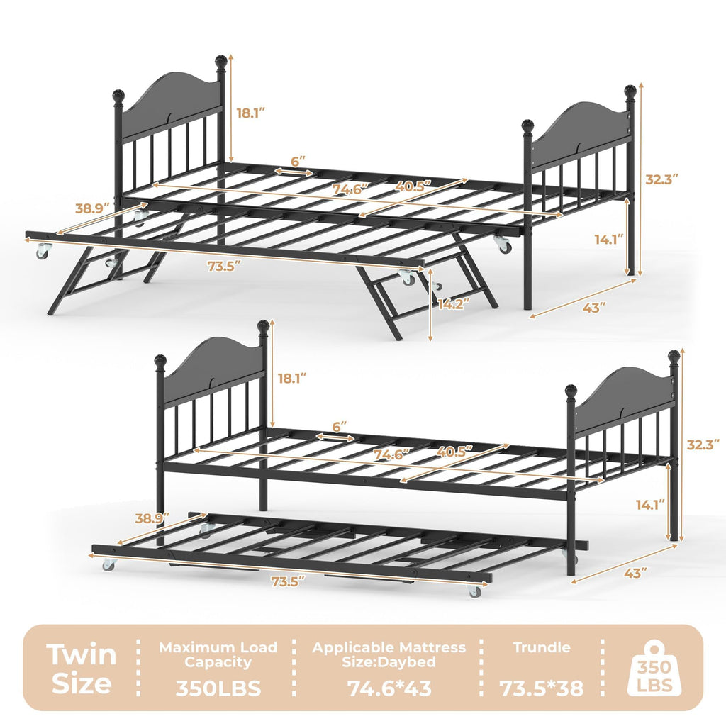 Daybed with Trundle, Twin Bed Frame with Sturdy Metal Foldable Trundle Bed, Trundle Bed Twin with Stylish Headboard
