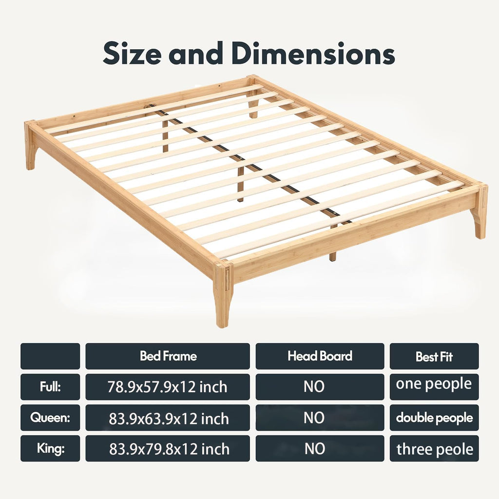 Japanese Natural Bamboo Bed Frame, 7.3"Storage Space Wood Platform Bed, Low Profile Floating Design Without