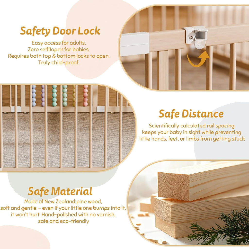 Wooden Baby Playpen, 12 Panels Fence for Babies and Toddlers 83"×83" | Size Adjustable Baby Play Yard with Locking