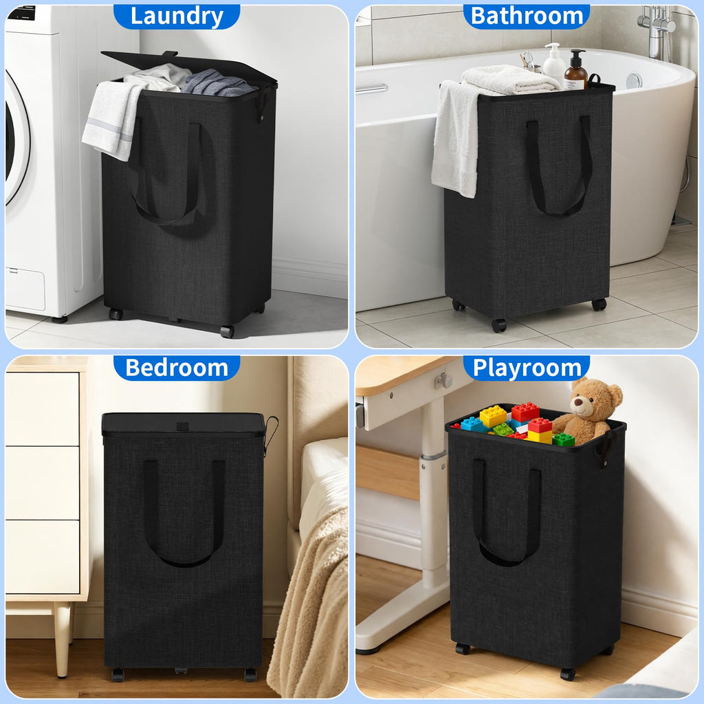 Basket with 5 Wheels, Rolling Laundry Hamper, 75L, Deep Gray