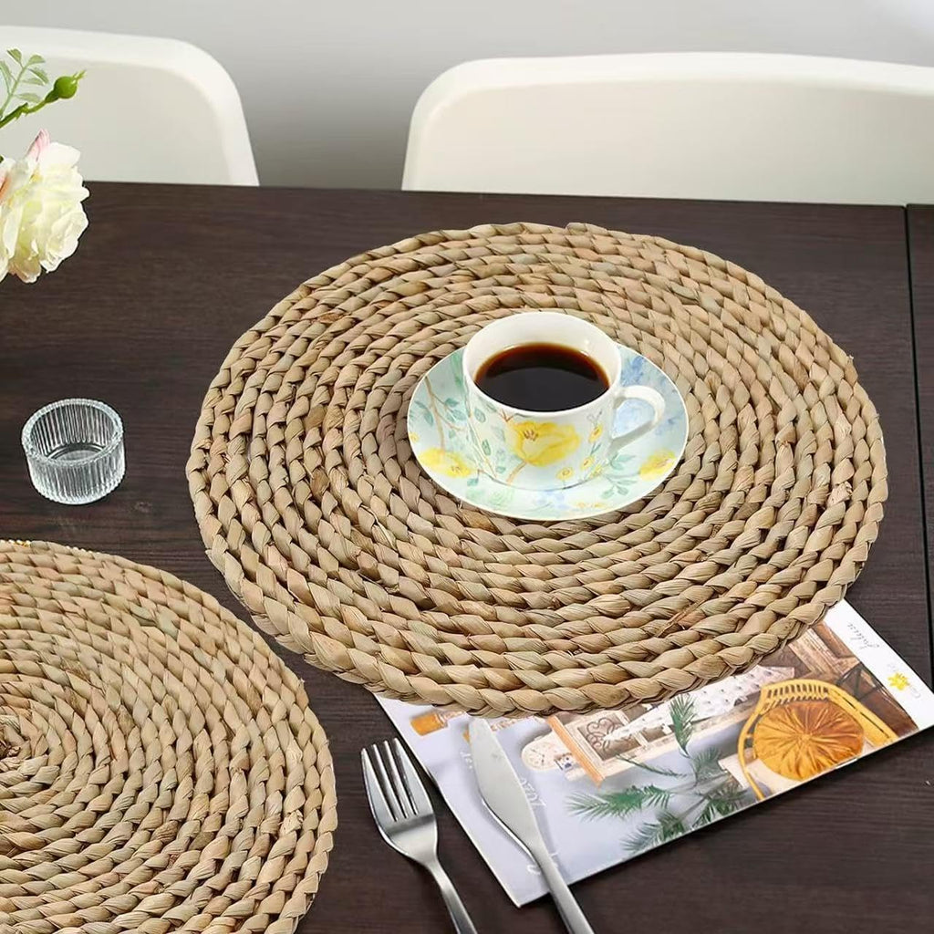 12" Round Woven Rattan Placemats,Natural Hand-Woven Water Hyacinth Placemats,Farmhouse Weave Place Mats,Rustic - Set of 6