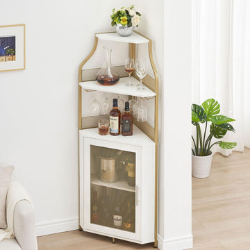 Corner Wine Cabinet with Removable Wine Rack, Industrial Wine Cabinet with Glass Holder and Mesh Door, Liquor Coffe