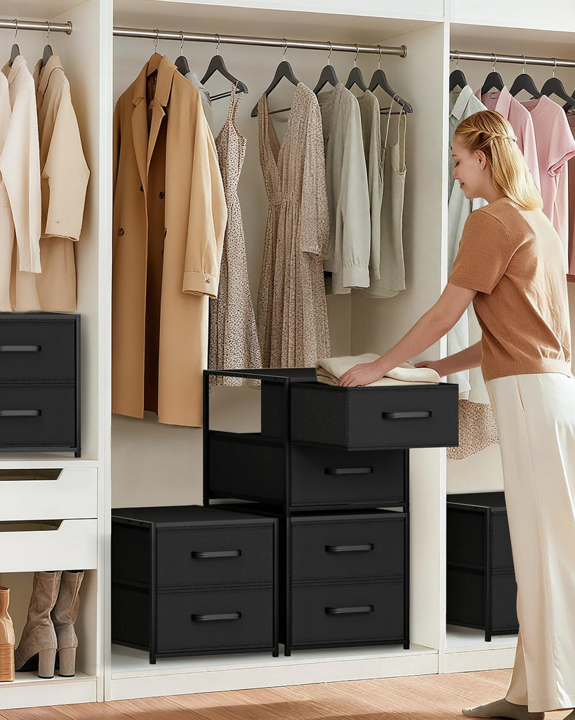 Stackable Storage Drawers - 2 Tier Closet Organizer with Metal Frame and Handles, Fabric Dresser with Collapsible