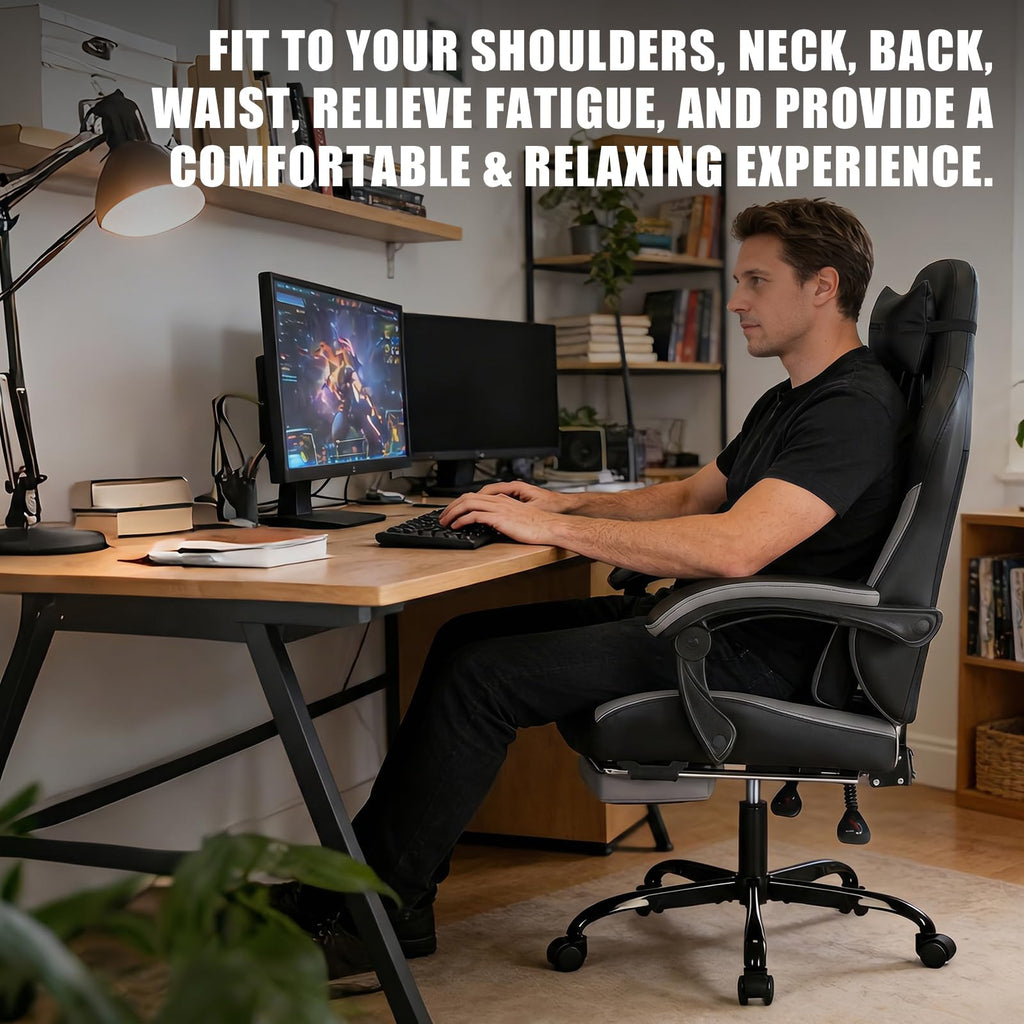 Gaming Chair with Footrest and Massage Lumbar Support, Ergonomic Computer Gamer Chair, Office Video Game Chairs with