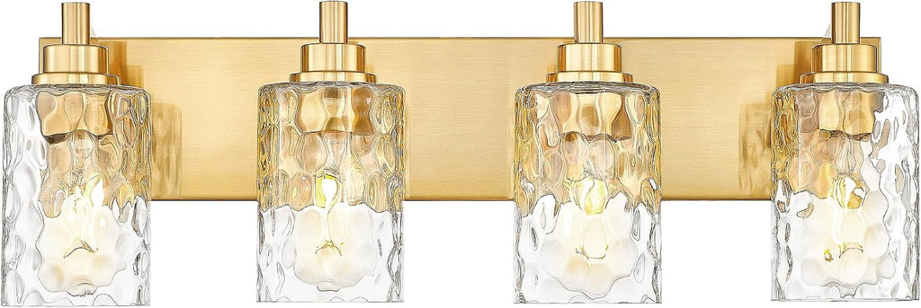4-Light Brushed Gold Bathroom Vanity Light, Hammered Cylinder Glass | 24.5" modern bathroom light fixtures over