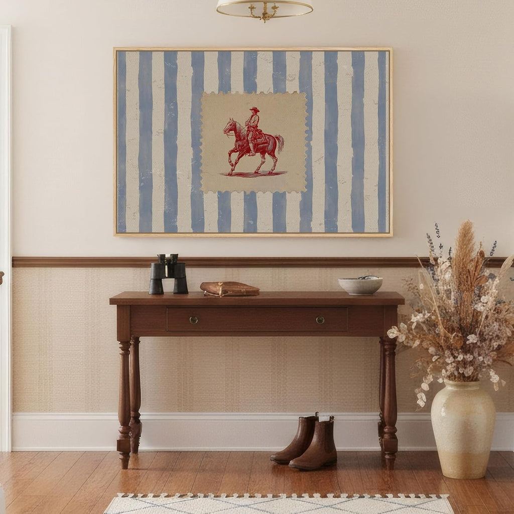 Large Framed Western Cowboy Wall Art , Vintage Farmhouse Horse Canvas Prints Paintings, Blue Striped Country Picture