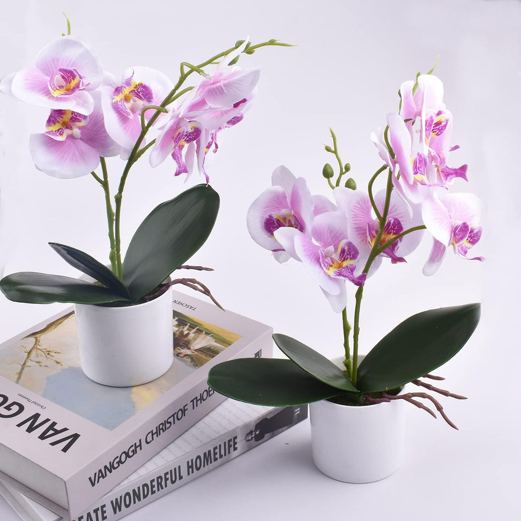 Artificial Orchid Flowers, Potted Orchid Flowers with Plastic Vase for Table Centerpiece Home Decor Office - Set of 2