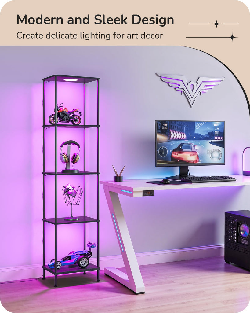 Floor Lamp with 5-Tier Display Shelf, 3 Modes Remote, Black