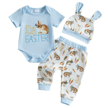 Baby Boy Easter Outfit Short Sleeve Romper Newborn Bunny Outfit Jogger Pants Set Cute My First Easter Baby Boy