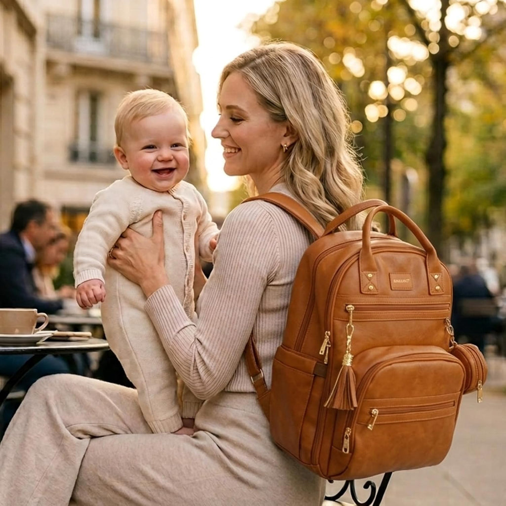 Premium Vegan Leather Diaper Bag Backpack with Waterproof Changing Pad, Reinforced Zippers & Odor-Free, 20 Pockets