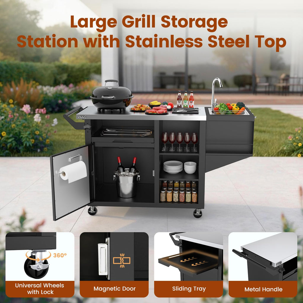 Outdoor Grill Cart on Wheel, Pizza Oven Table with Sink & Storage, 20"x42" Stainless Steel Prep Table Kitchen Island
