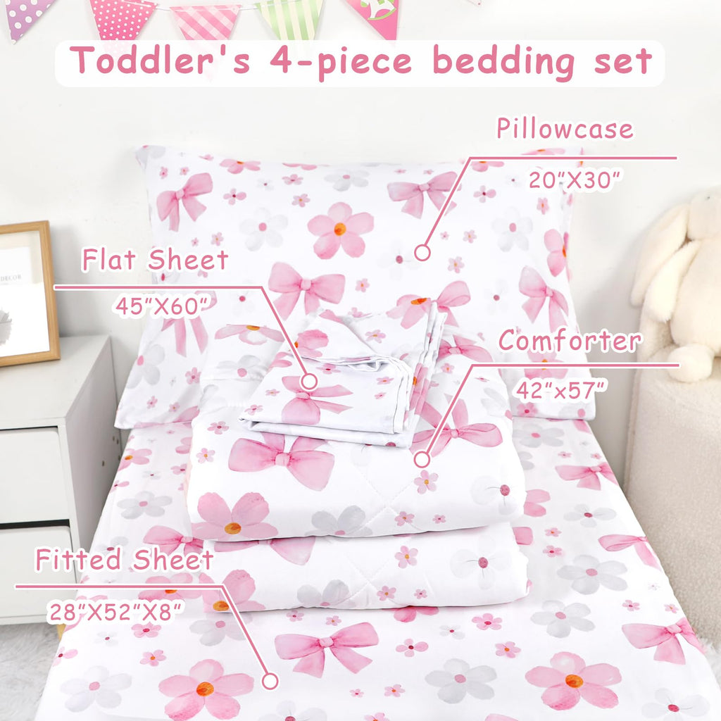 Toddler Bedding Set for Girls - 4 Piece Bow Toddler Comforter Set Includes Fitted Sheet, Comforter, Pillowcase & Flat
