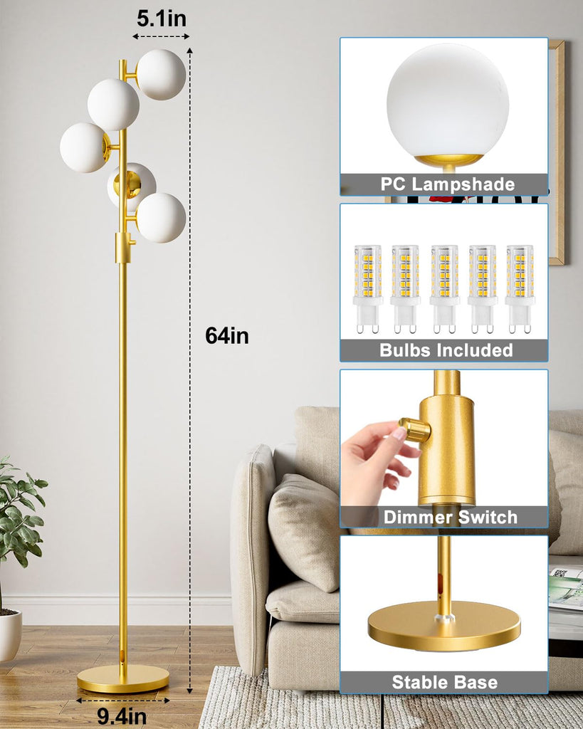 Dimmable Globe Floor Lamp, Gold Standing Lamps with 5PCS 3000K Bulbs Included, Mid Century Modern Floor Lamp