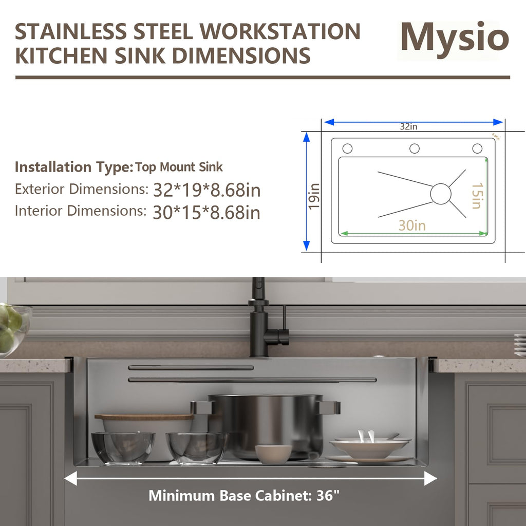 32in Stainless Steel Kitchen Sink: Black Single Bowl Drop In Workstation