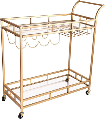 Gold Bar Cart, Gold Bar Cart with Wheels, Home Bar & Serving Carts with 2 Mirrored Shelves, Bar Carts for The Home