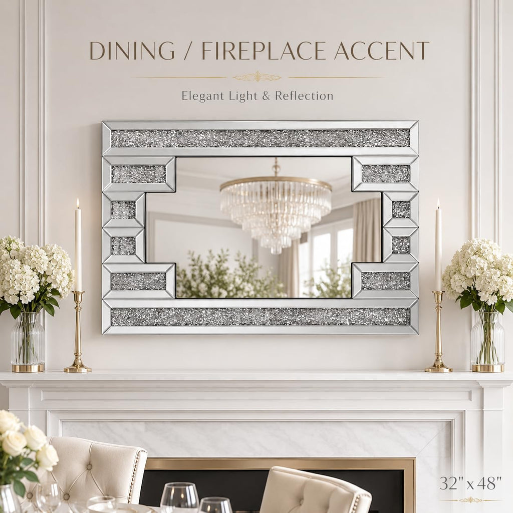 Crushed Diamond Rectangular Wall Mirror 32"x48", Bling Rhinestone Mirror Art Deco Silver, Hand-Inlaid Crystals for