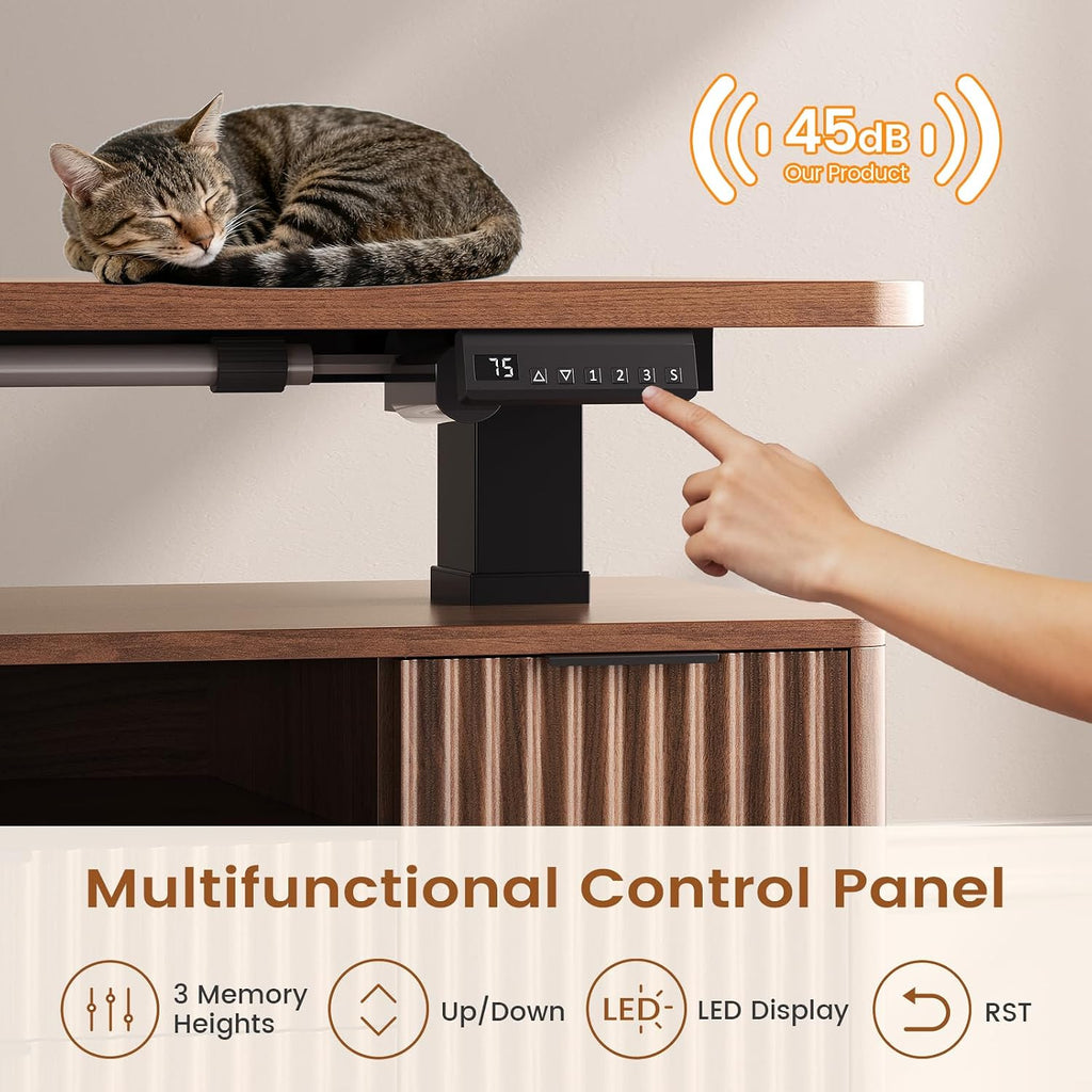 Fluted L Shaped Executive Electric Standing Desk with 4 Drawers | 69" x 55" Height Adjustable Office Desk with