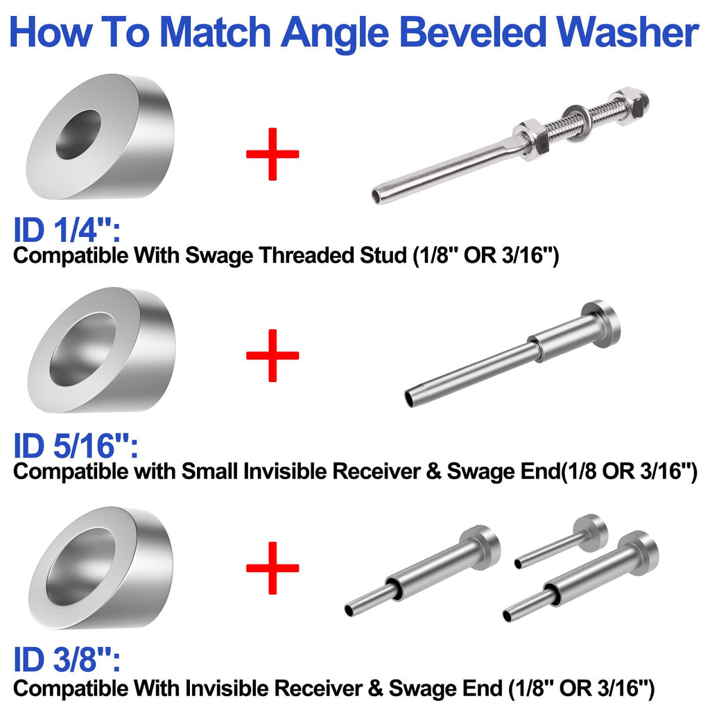 50 Pack 3/8" ID Angle Beveled Washer 25 30 35 Degree for 1/8" 5/32" 3/16" Deck Stair Cable Railing Kit for Wood Metal