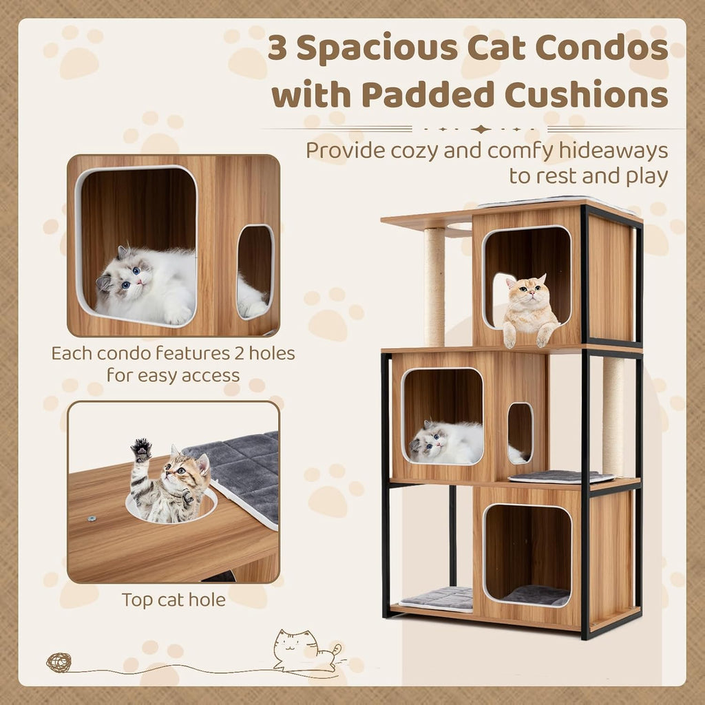 Modern Cat Tree, 52 Inch Wooden Cat Condos with Metal Frame, Sisal Scratching Posts & Board, Washable Cushions