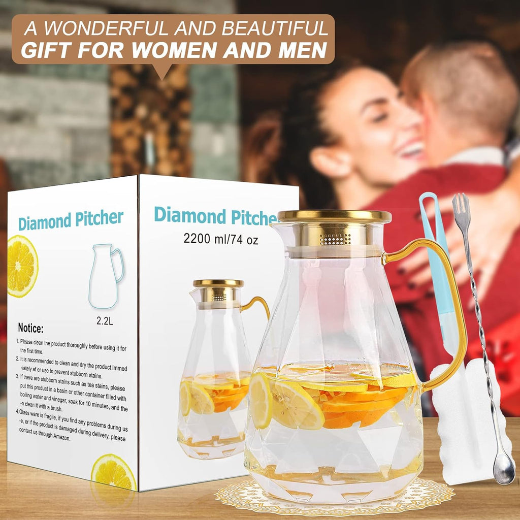 Glass Pitcher, 2.2 Liter Water Pitcher With Lid,Iced Tea Pitcher for Fridge,Carafe With Lid, Glass Water Jug For