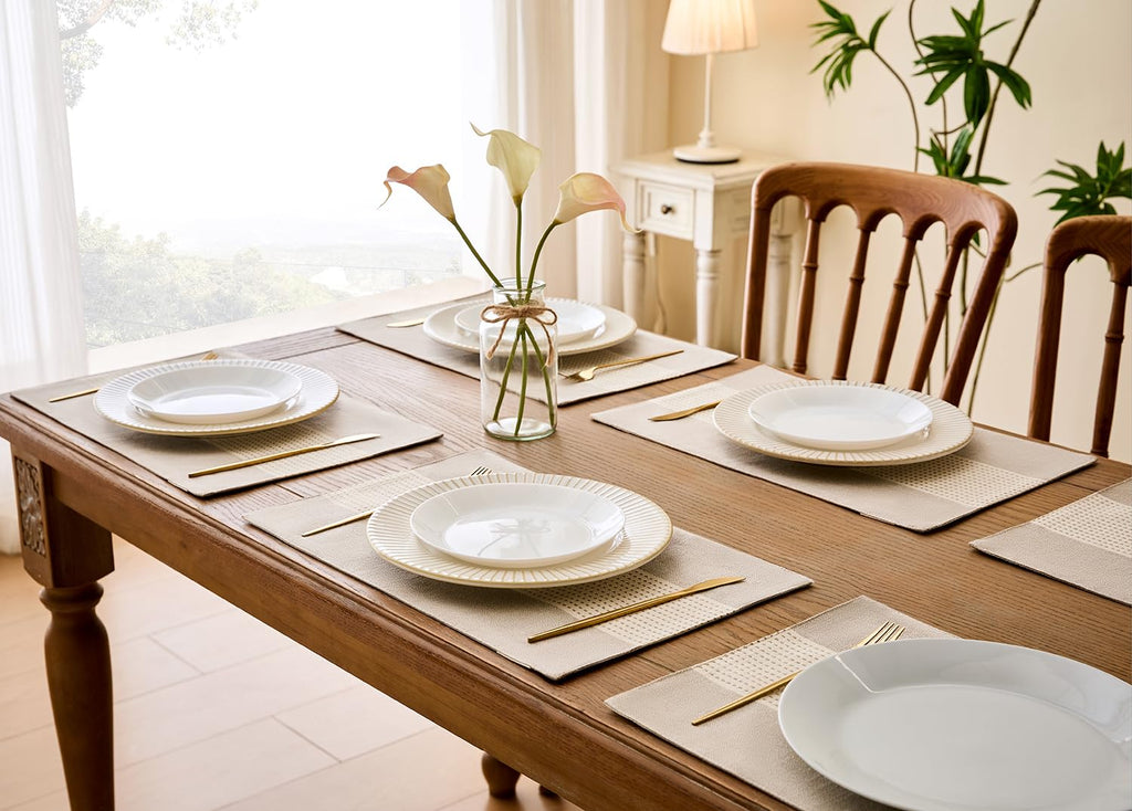 Linen Placemats, 12 x 18 Inch Set of 4 Placemats, Farmhouse Macrame Place Mats Table and Heat Resistant-Hemstitch