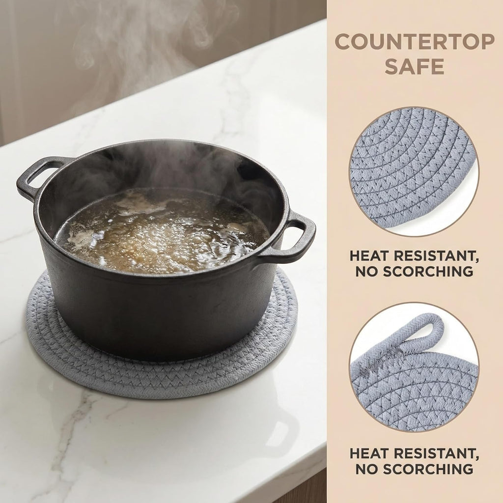 Inch Cotton Trivets for Quartz Countertops with Storage Basket - Thick Woven Hot Pads for Large Pots - Set of 5