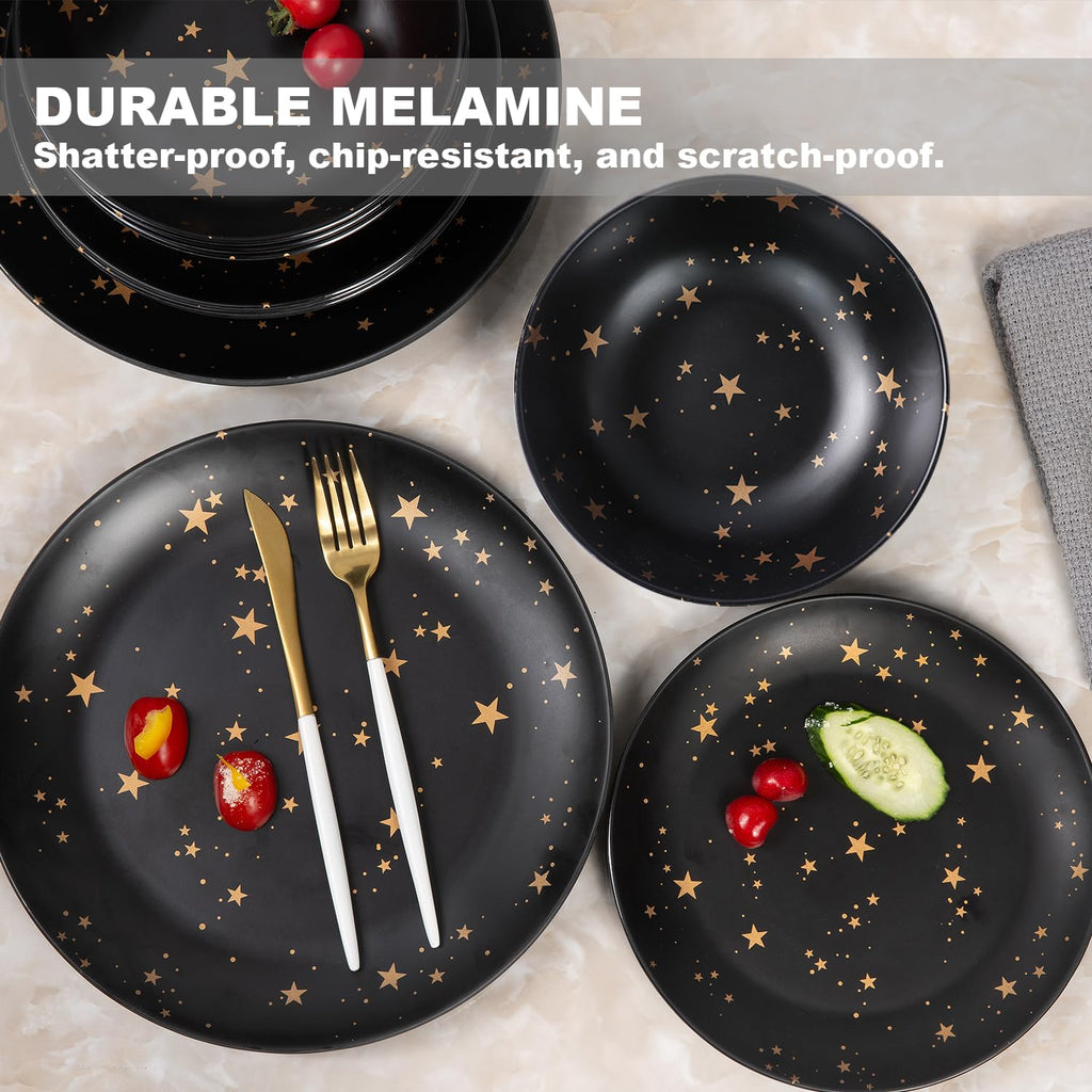 Black Melamine Dinnerware Sets - 12pcs Plates and Bowls Sets,Service for 4