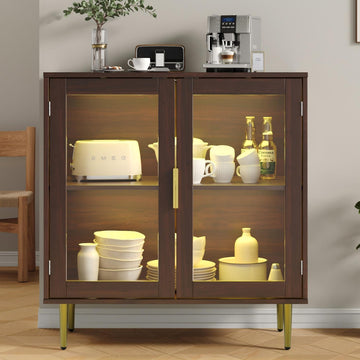 Buffet Cabinet with LED Lights & 2 Acrylic Doors, Walnut