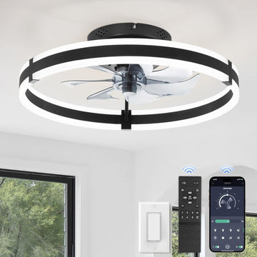 Ceiling Fans with Lights and Remote, 19.7'' Low Profile Ceiling Fan, 3000-6000K Dimmable Modern Flush Mount LED Fan Light, 6 Wind Speeds, Black Fandelier Ceiling Fans for Bedroom A101-B0DBHGKLLQ