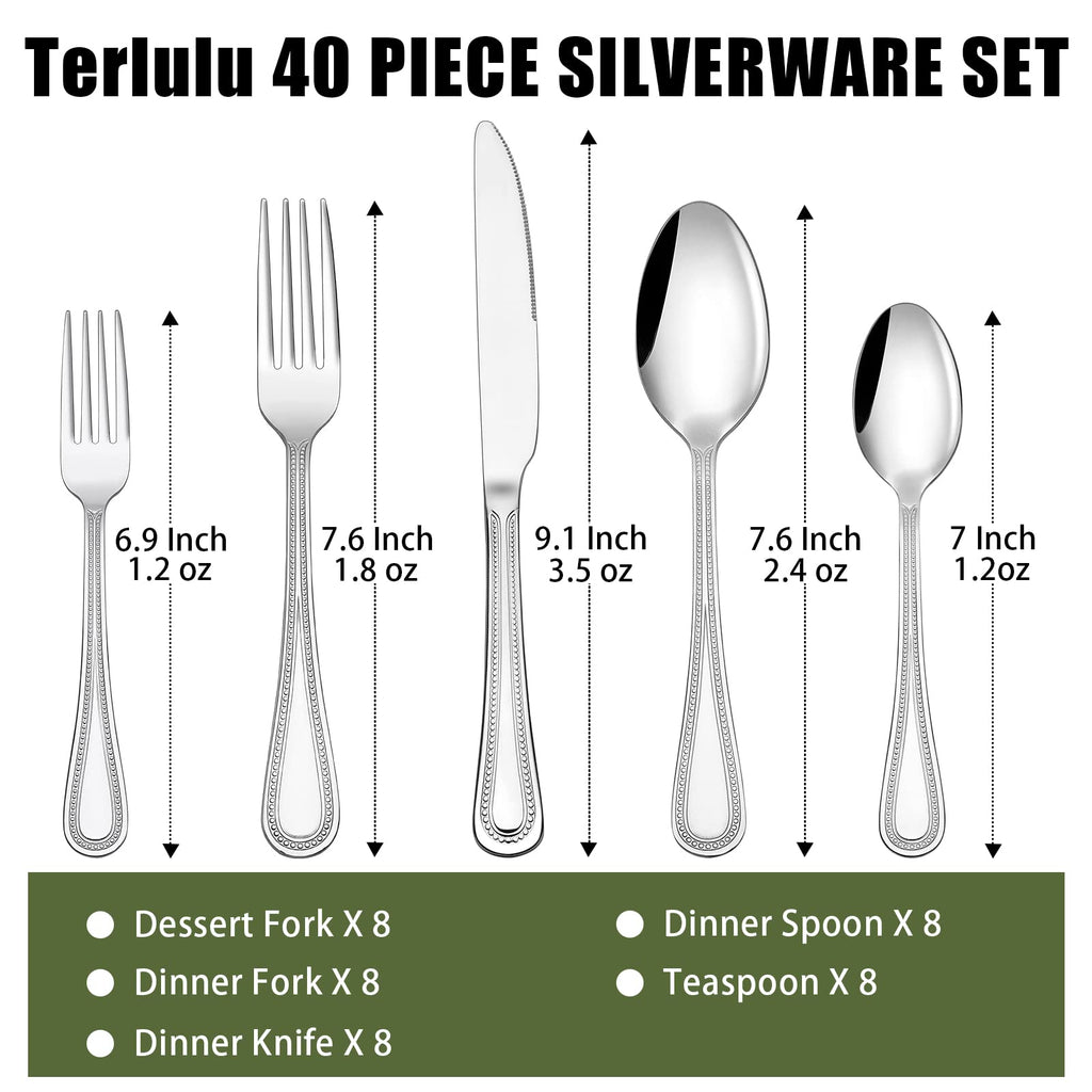 40 Piece Silverware Set for 8, Stainless Steel Flatware Set, Mirror Polished Cutlery Set Utensil Set, Tableware