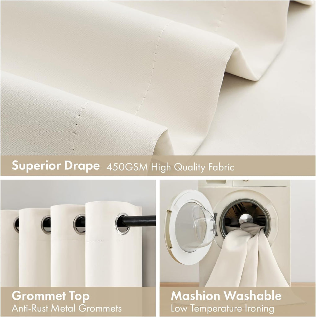 Cream 100% Blackout Curtains for Bedroom 96 Inch Long, 2 Layers Thermal Insulated Black Out Window Curtains with