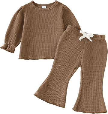 Toddler Girl Fall Outfits piece Baby Lantern Sleeve Shirt and Flared Pant Clothes Set Waffle Clothing for Girls